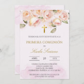 ほこりっぽいピンクのフローラスペインの最初の聖餐式 招待状 (正面/裏面)