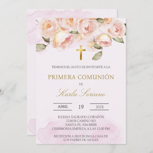 ほこりっぽいピンクのフローラスペインの最初の聖餐式 招待状 (正面/裏面)