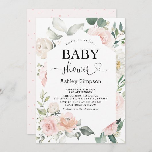 ほこりっぽいピンクのフローラダイヤモンドベビーシャワー 招待状 (正面/裏面)
