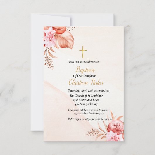 ほこりっぽいピンクのフローラバプテスマの招待カード 招待状 (正面)