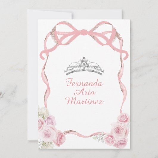 ほこりっぽいピンクのフローラボウリボンシルバーミンス 招待状 (裏面)