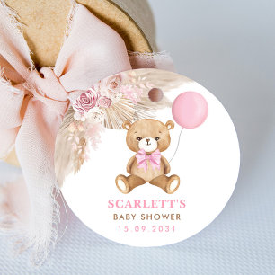 ほこりっぽいピンクのフローラボホテディベア赤ちゃんシャワー ラウンドシール