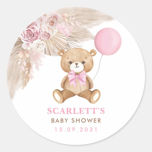 ほこりっぽいピンクのフローラボホテディベア赤ちゃんシャワー ラウンドシール (正面)