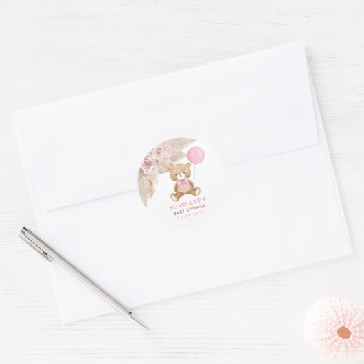 ほこりっぽいピンクのフローラボホテディベア赤ちゃんシャワー ラウンドシール (封筒)