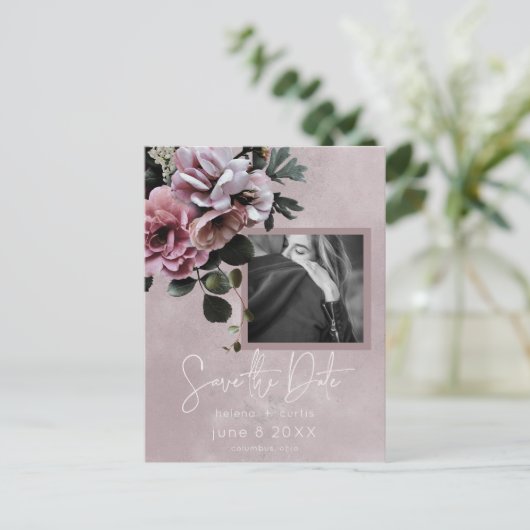 ほこりっぽいピンクのフローラモダン写真 案内ポストカード (スタンド正面)