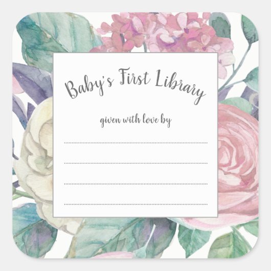 ほこりっぽいピンクのフローラ女の子の赤ちゃんシャワーブックプレート スクエアシール (正面)