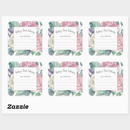 ほこりっぽいピンクのフローラ女の子の赤ちゃんシャワーブックプレート スクエアシール (シート)