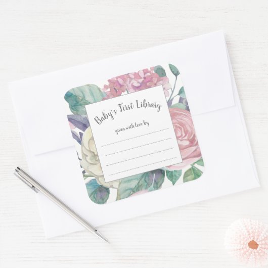 ほこりっぽいピンクのフローラ女の子の赤ちゃんシャワーブックプレート スクエアシール (封筒)