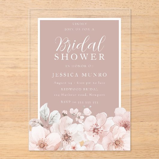 ほこりっぽいピンクのフローラ水のカラーフレームブライダルシャワー アクリル招待状 (正面)