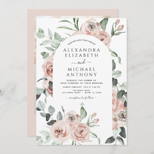 ほこりっぽいピンクのフローラ結婚写真 招待状 (正面/裏面)