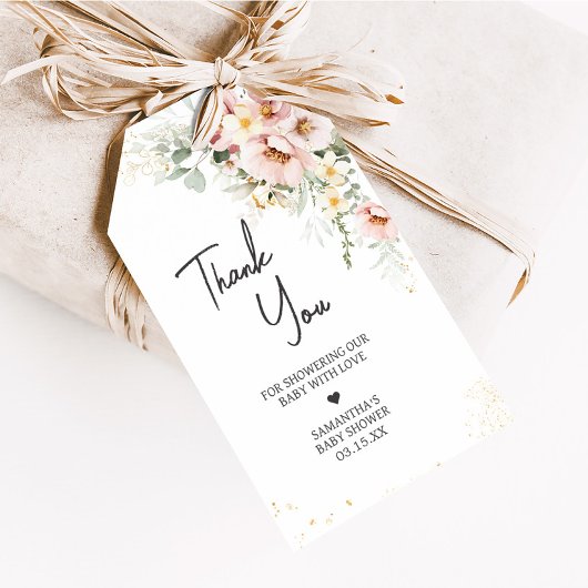 ほこりっぽいピンクのフローラ緑のベビーシャワーメッセージカード ギフトタグ