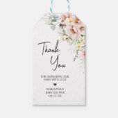 ほこりっぽいピンクのフローラ緑のベビーシャワーメッセージカード ギフトタグ (正面)