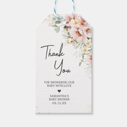 ほこりっぽいピンクのフローラ緑のベビーシャワーメッセージカード ギフトタグ (正面)
