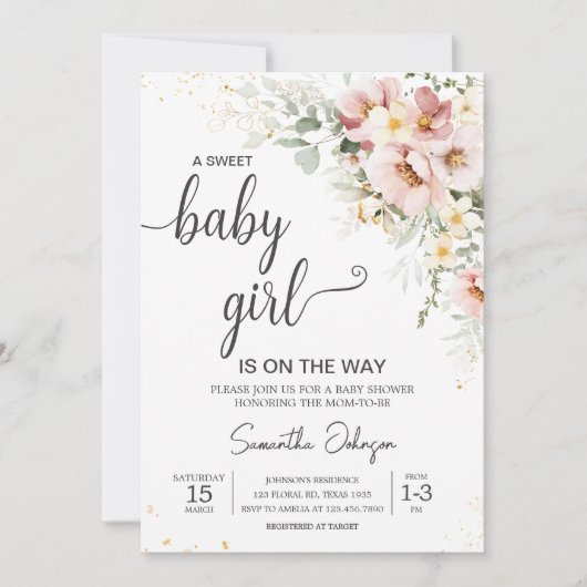 ほこりっぽいピンクのフローラ緑の赤ちゃんシャワー 招待状 (正面)