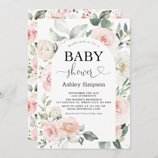 ほこりっぽいピンクのフローラ赤ちゃんシャワー 招待状 (正面/裏面)