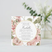 ほこりっぽいピンクのフローラ金ゴールドラウンドフレームバプテスマ 招待状 (スタンド正面)