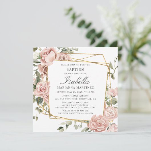 ほこりっぽいピンクのフローラ金ゴールド幾何学額洗礼 招待状 (スタンド正面)