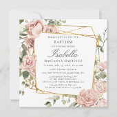 ほこりっぽいピンクのフローラ金ゴールド幾何学額洗礼 招待状 (正面)