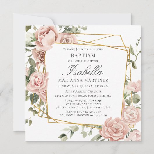 ほこりっぽいピンクのフローラ金ゴールド幾何学額洗礼 招待状 (正面)