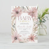 ほこりっぽいピンクのベビーで開花花ガール女の子ベイビーシャワー 招待状 (スタンド正面)