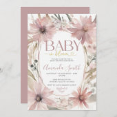 ほこりっぽいピンクのベビーで開花花ガール女の子ベイビーシャワー 招待状 (正面/裏面)