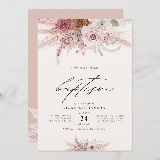 ほこりっぽいピンクのボホフラワーズピンクのテーマ女の子バプテスマ 招待状 (正面/裏面)