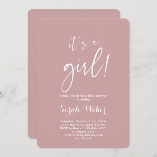 ほこりっぽいピンクのミニマルモダン主義の赤ちゃんシャワーの女の子 招待状 (正面/裏面)