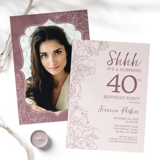 ほこりっぽいピンクのメイブ写真サプライズ40th誕生日 招待状