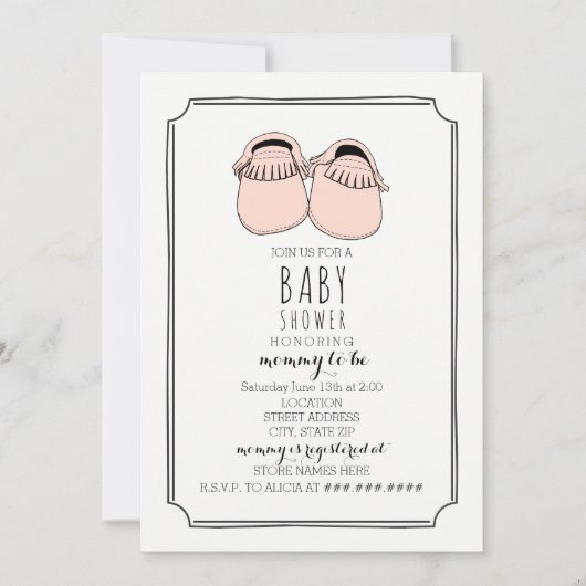 ほこりっぽいピンクのモッカシンボホベイビーシャワー 招待状 (正面)