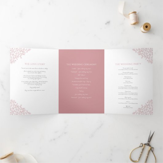 ほこりっぽいピンクのモノグラムのアートの物語結婚の献身の心 三つ折りプログラム (内部)