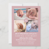 ほこりっぽいピンクのモノグラム写真コラージュの命名式 招待状 (正面)