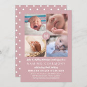 ほこりっぽいピンクのモノグラム写真コラージュの命名式 招待状 (正面/裏面)