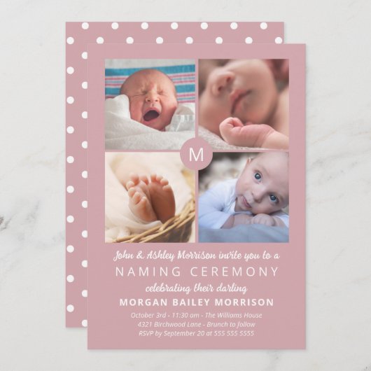 ほこりっぽいピンクのモノグラム写真コラージュの命名式 招待状 (正面/裏面)