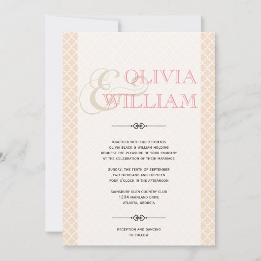 ほこりっぽいピンクのモロッコタイルモダンのアンパサンド結婚ーズ 招待状 (正面)