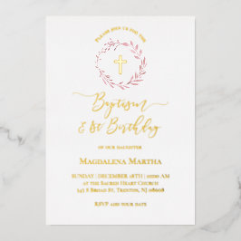 ほこりっぽいピンクのリースバプテスマと誕生日 箔招待状