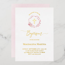 ほこりっぽいピンクのリース水の色バプテスマ招待状 箔招待状