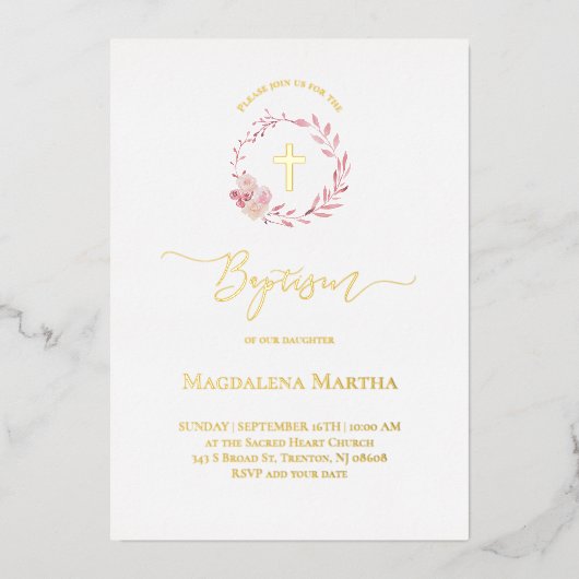 ほこりっぽいピンクのリース水の色バプテスマ招待状 箔招待状 (正面)
