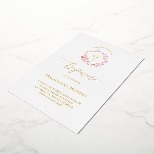 ほこりっぽいピンクのリース水の色バプテスマ招待状 箔招待状 (回転した状態)