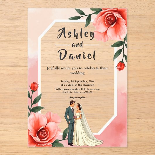 ほこりっぽいピンクのロマンチックな新郎新婦フローラ結婚ズ アクリル招待状 (正面)