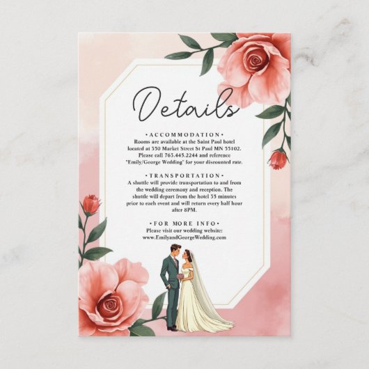 ほこりっぽいピンクのロマンチックな新郎新婦フローラ結婚ズ エンクロージャーカード (正面)