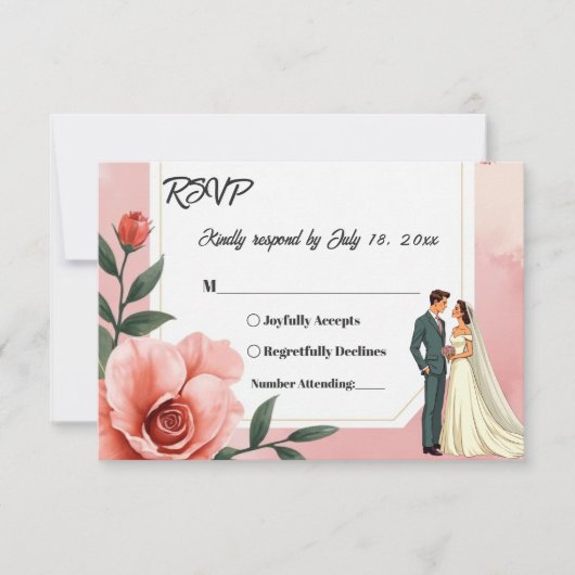 ほこりっぽいピンクのロマンチックな新郎新婦フローラ結婚ズ 出欠カード (正面)