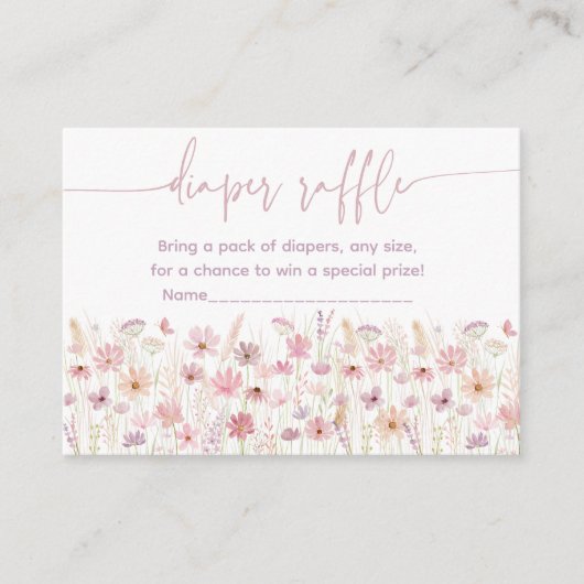 ほこりっぽいピンクのワイルドフラワーベビーシャワーおむつラッフル エンクロージャーカード (正面)