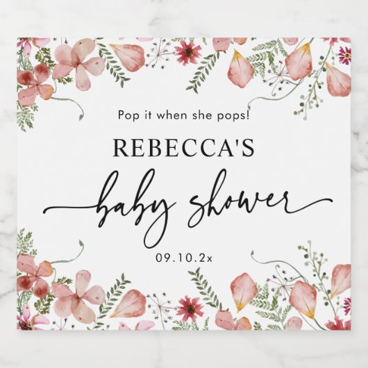 ほこりっぽいピンクのワイルドフラワーベビーシャワーのお気に入り スパークリングワインラベル (シングルラベル)