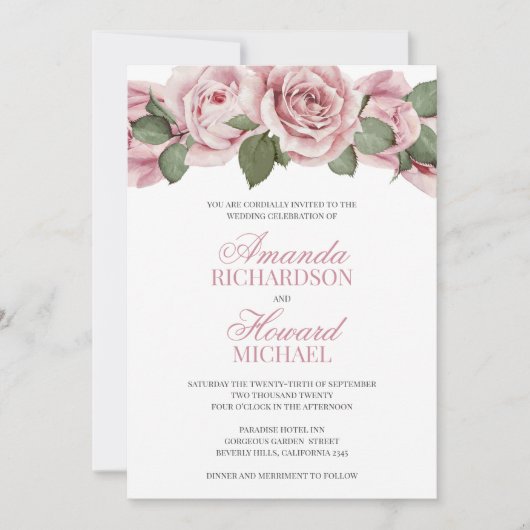 ほこりっぽいピンクのヴィンテージバラ結婚の素朴な 招待状 (正面)