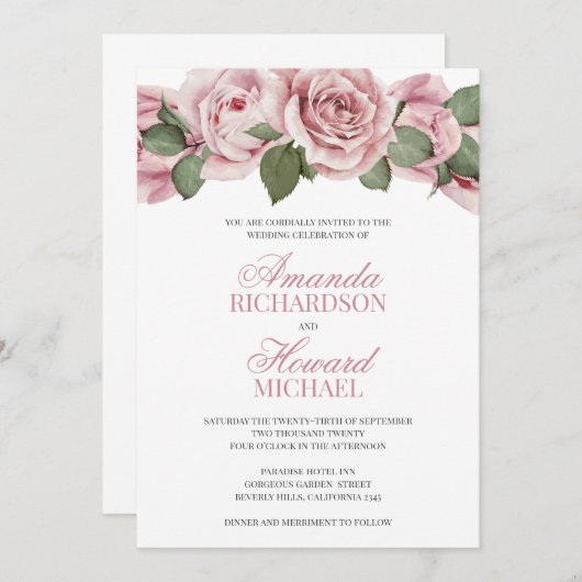 ほこりっぽいピンクのヴィンテージバラ結婚の素朴な 招待状 (正面/裏面)