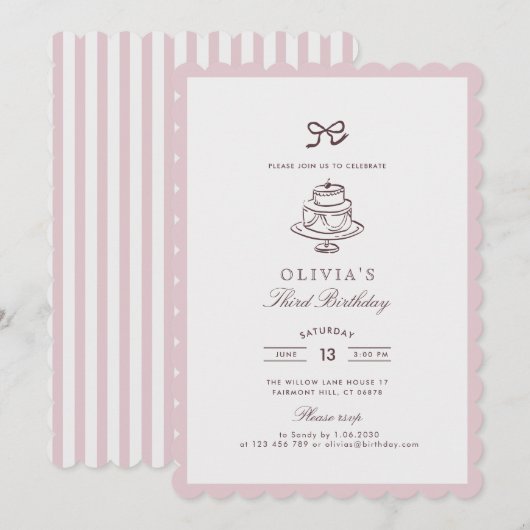 ほこりっぽいピンクの弓ストライプの、ピンク | ブラウンバースデーInv 招待状 (正面/裏面)