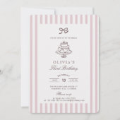 ほこりっぽいピンクの弓ストライプの、ピンク | 茶色の誕生日 招待状 (正面)