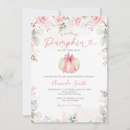 ほこりっぽいピンクの弓タイ小さなカボチャの赤ちゃんシャワー 招待状 (正面)