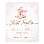 ほこりっぽいピンクの最初のRodeo最初の誕生日パーティーサイン フォトプリント (正面)