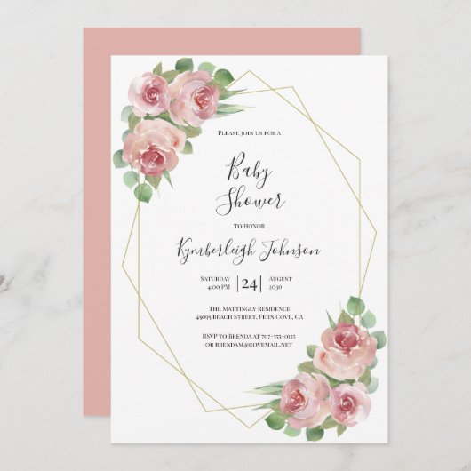 ほこりっぽいピンクの水の色のフローラ幾何学的ベビーシャワー 招待状 (正面/裏面)